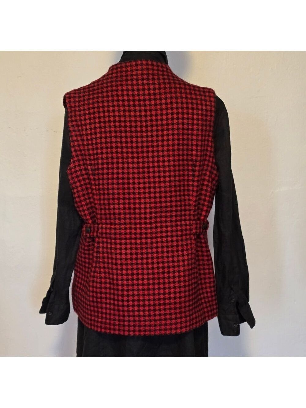 Vintage Women's Red Buffalo Check Fitted Wool Blend Vest wirh Pockets Size L - Picture 5 of 10